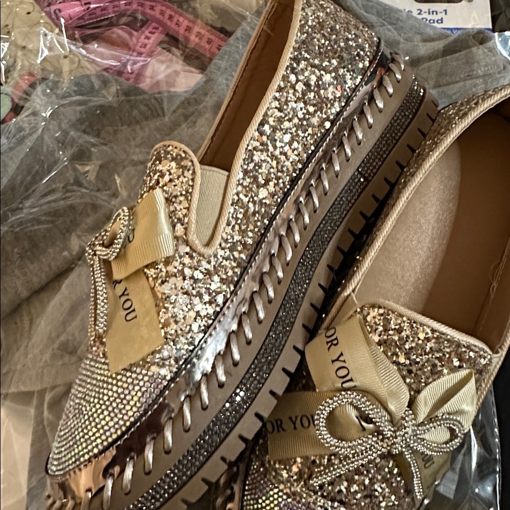 Glittering Rhinestone and Gold Loafers - Picture 5 of 5